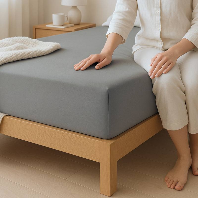 Graues Spannbettlaken auf einem Holzbett